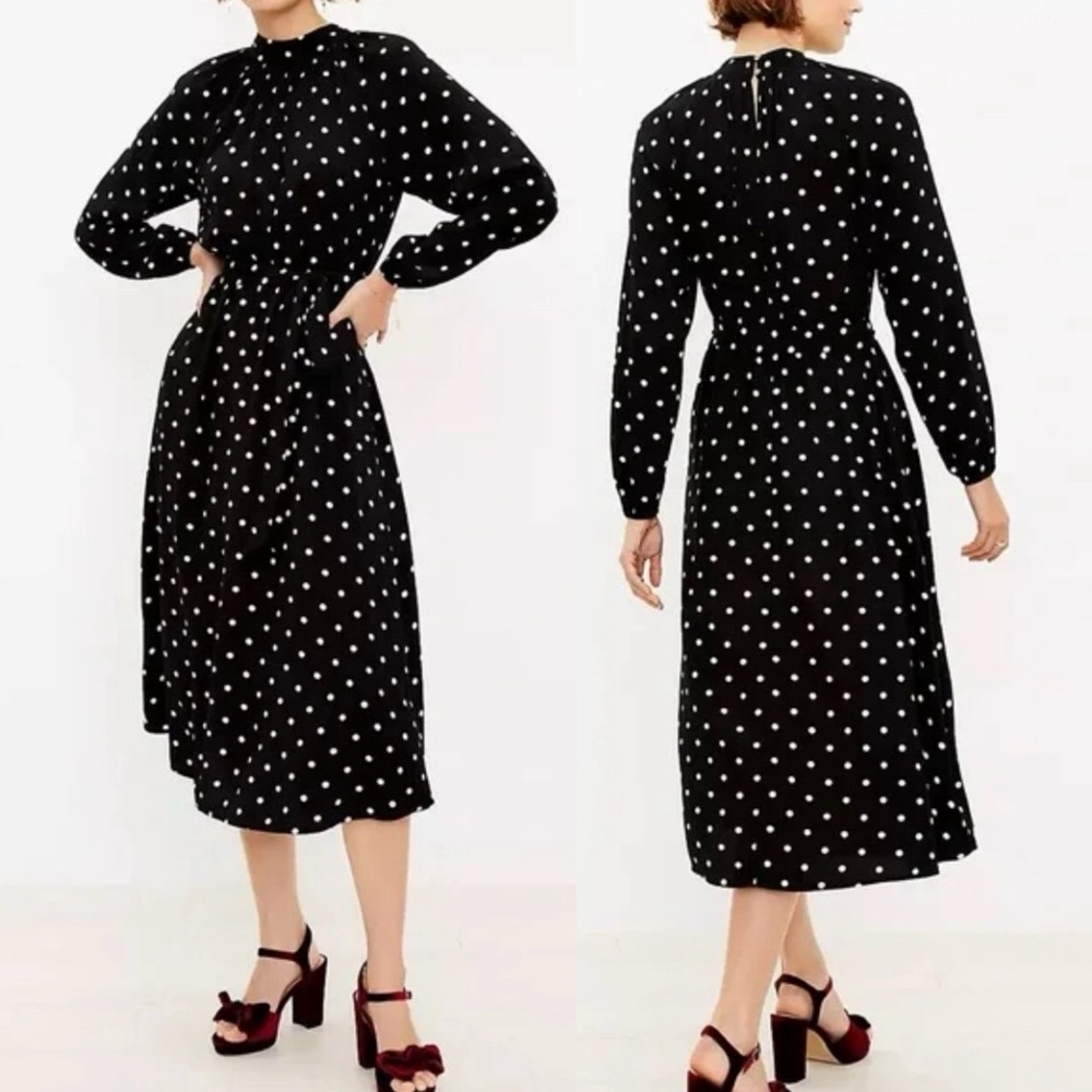 LOFT NWT Black and Cream Polka Dot Mock Neck Long Sleeve Midi Dress size 10